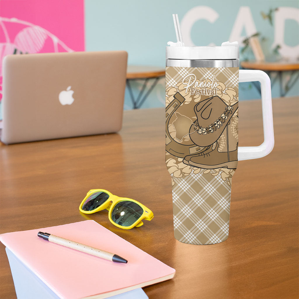 Makue Hawaii Cowboy Palaka Motifs Personalised Tumbler With Handle Paniolo Festival Puakenikeni Lei LT14 - Polynesian Pride