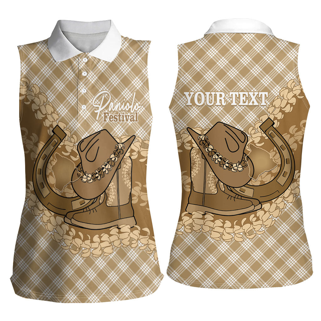 Makue Hawaii Cowboy Palaka Motifs Personalised Women Sleeveless Polo Shirt Paniolo Festival Puakenikeni Lei LT14 - Polynesian Pride