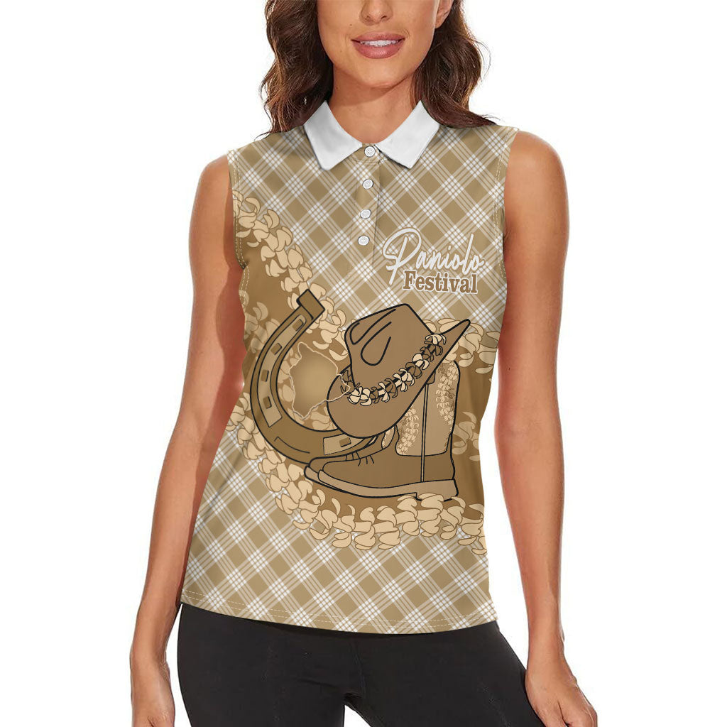 Makue Hawaii Cowboy Palaka Motifs Personalised Women Sleeveless Polo Shirt Paniolo Festival Puakenikeni Lei LT14 - Polynesian Pride