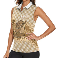 Makue Hawaii Cowboy Palaka Motifs Personalised Women Sleeveless Polo Shirt Paniolo Festival Puakenikeni Lei LT14 - Polynesian Pride