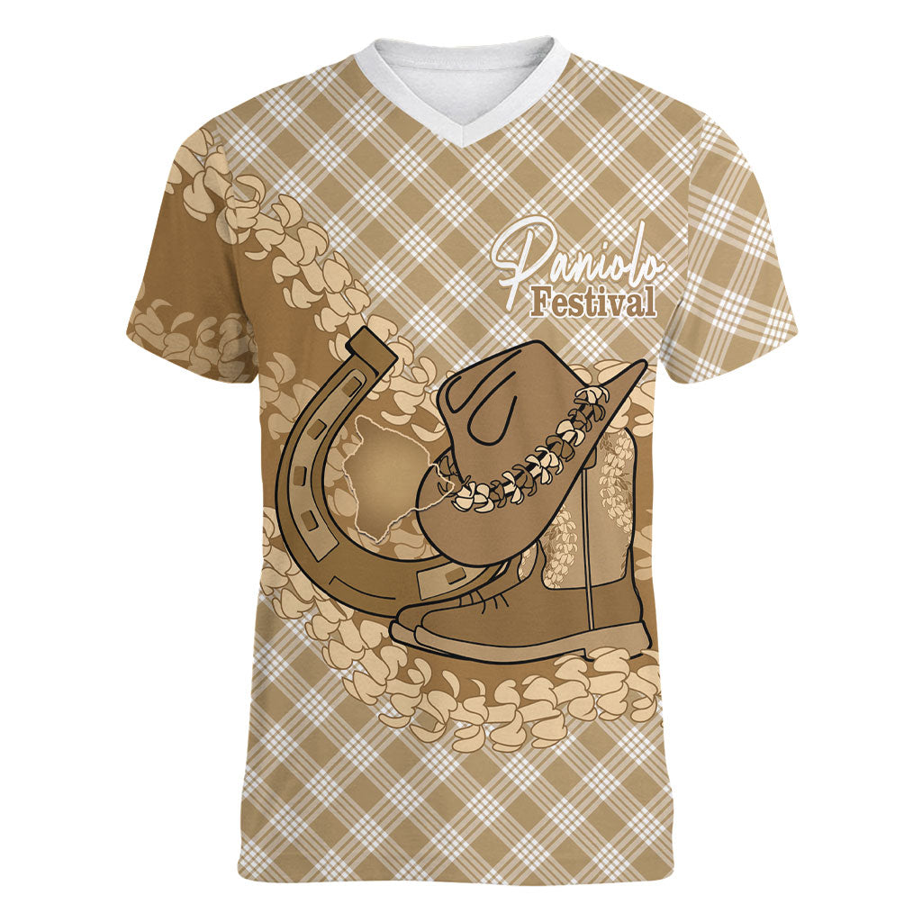 Makue Hawaii Cowboy Palaka Motifs Personalised Women V-Neck T-Shirt Paniolo Festival Puakenikeni Lei LT14 Female Brown - Polynesian Pride