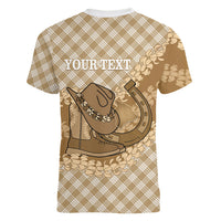 Makue Hawaii Cowboy Palaka Motifs Personalised Women V-Neck T-Shirt Paniolo Festival Puakenikeni Lei LT14 - Polynesian Pride