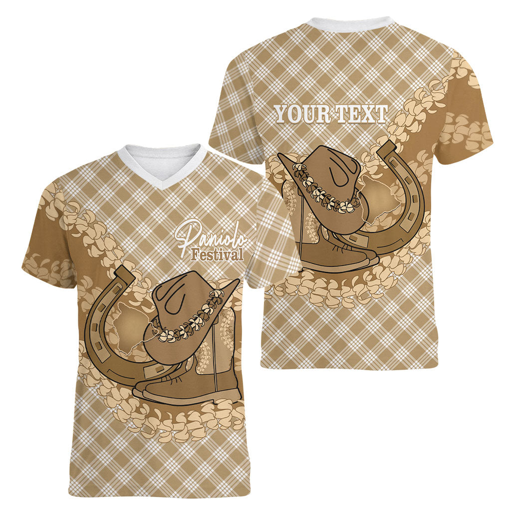 Makue Hawaii Cowboy Palaka Motifs Personalised Women V-Neck T-Shirt Paniolo Festival Puakenikeni Lei LT14 - Polynesian Pride