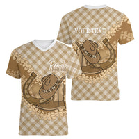 Makue Hawaii Cowboy Palaka Motifs Personalised Women V-Neck T-Shirt Paniolo Festival Puakenikeni Lei LT14 - Polynesian Pride