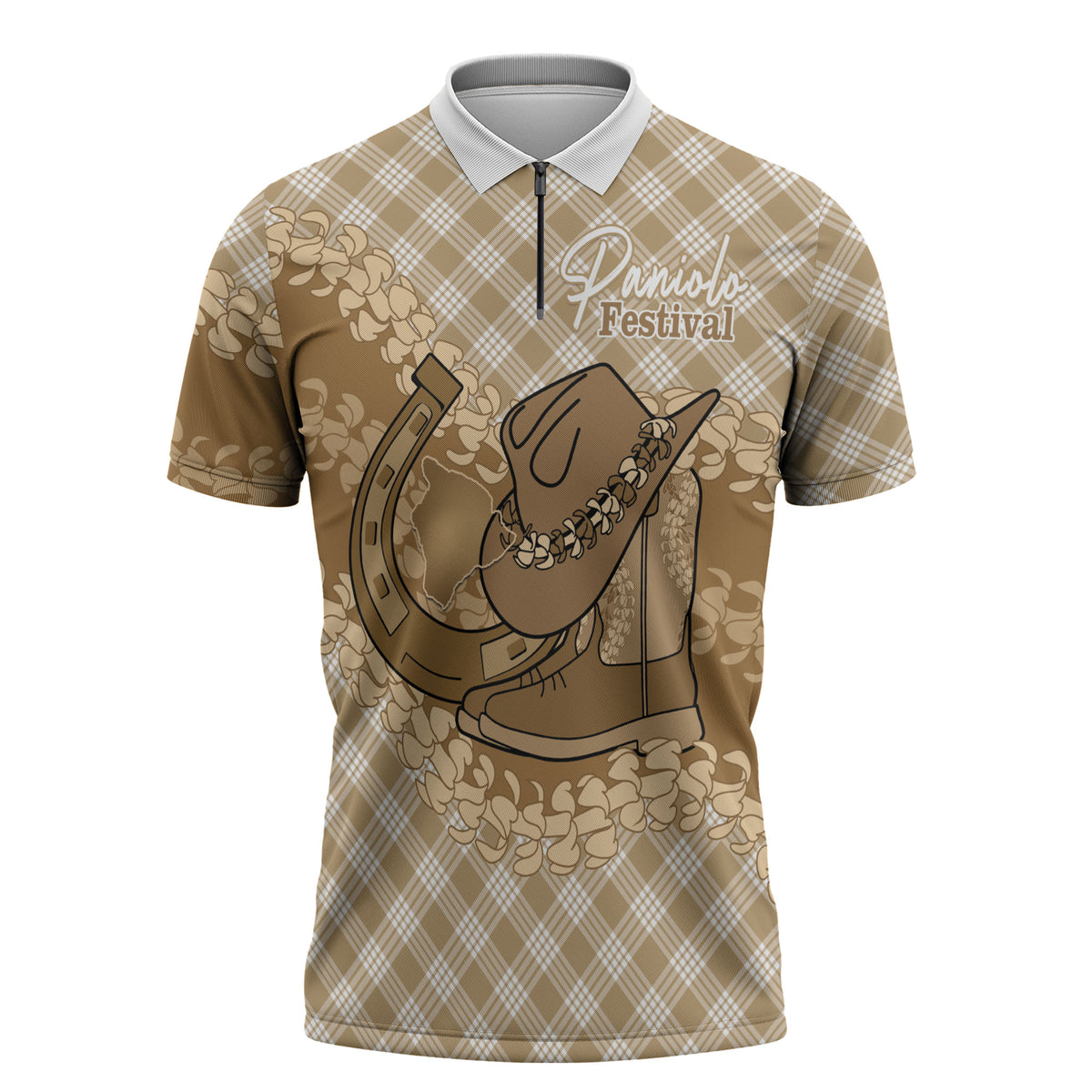 Makue Hawaii Cowboy Palaka Motifs Personalised Zipper Polo Shirt Paniolo Festival Puakenikeni Lei LT14 Brown - Polynesian Pride