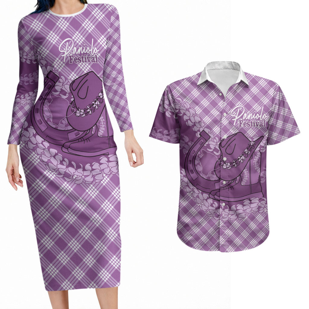 Poni Hawaii Cowboy Palaka Motifs Personalised Couples Matching Long Sleeve Bodycon Dress and Hawaiian Shirt Paniolo Festival Puakenikeni Lei LT14 Purple - Polynesian Pride