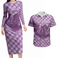 Poni Hawaii Cowboy Palaka Motifs Personalised Couples Matching Long Sleeve Bodycon Dress and Hawaiian Shirt Paniolo Festival Puakenikeni Lei LT14 Purple - Polynesian Pride
