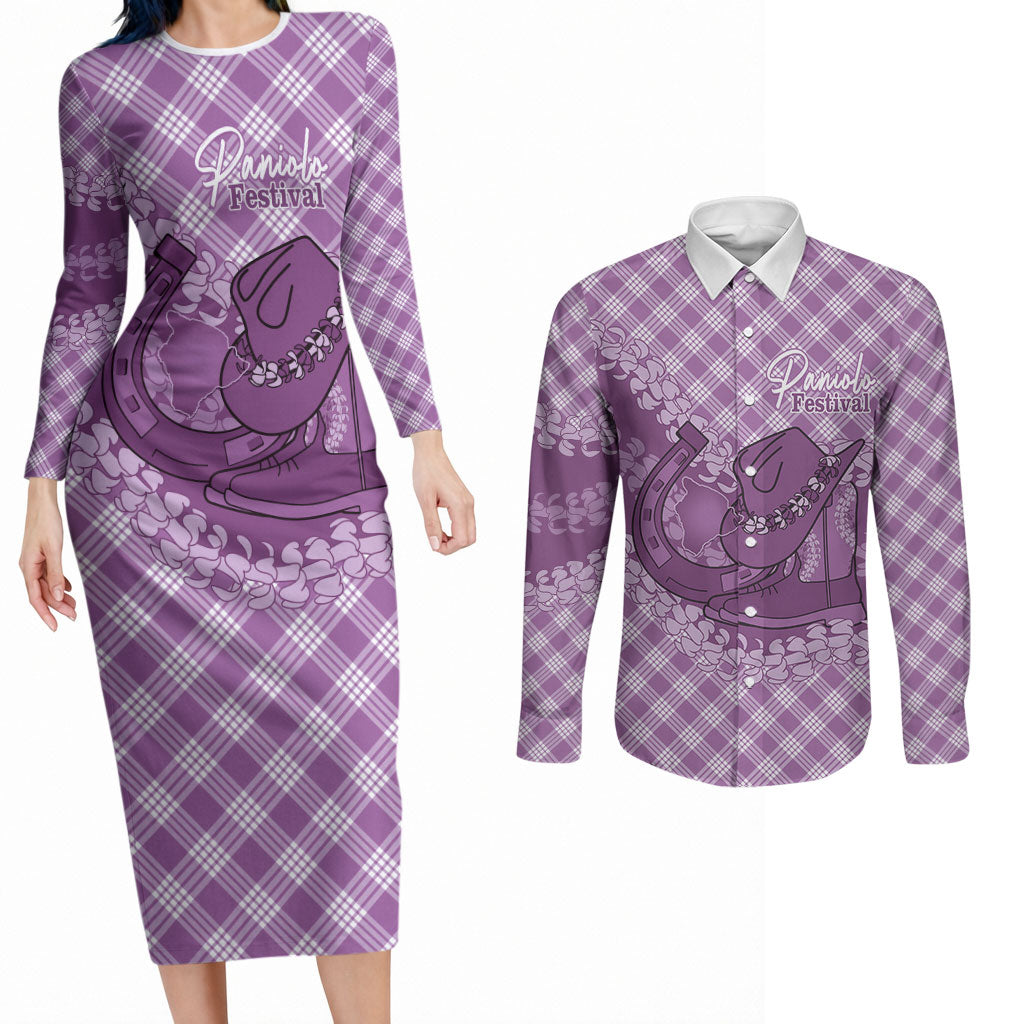 Poni Hawaii Cowboy Palaka Motifs Personalised Couples Matching Long Sleeve Bodycon Dress and Long Sleeve Button Shirt Paniolo Festival Puakenikeni Lei LT14 Purple - Polynesian Pride