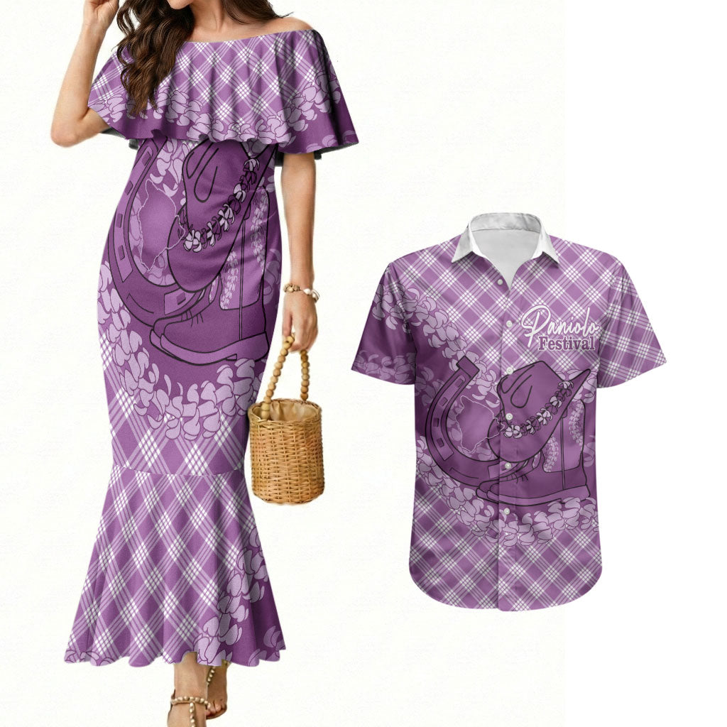Poni Hawaii Cowboy Palaka Motifs Personalised Couples Matching Mermaid Dress and Hawaiian Shirt Paniolo Festival Puakenikeni Lei LT14 Purple - Polynesian Pride
