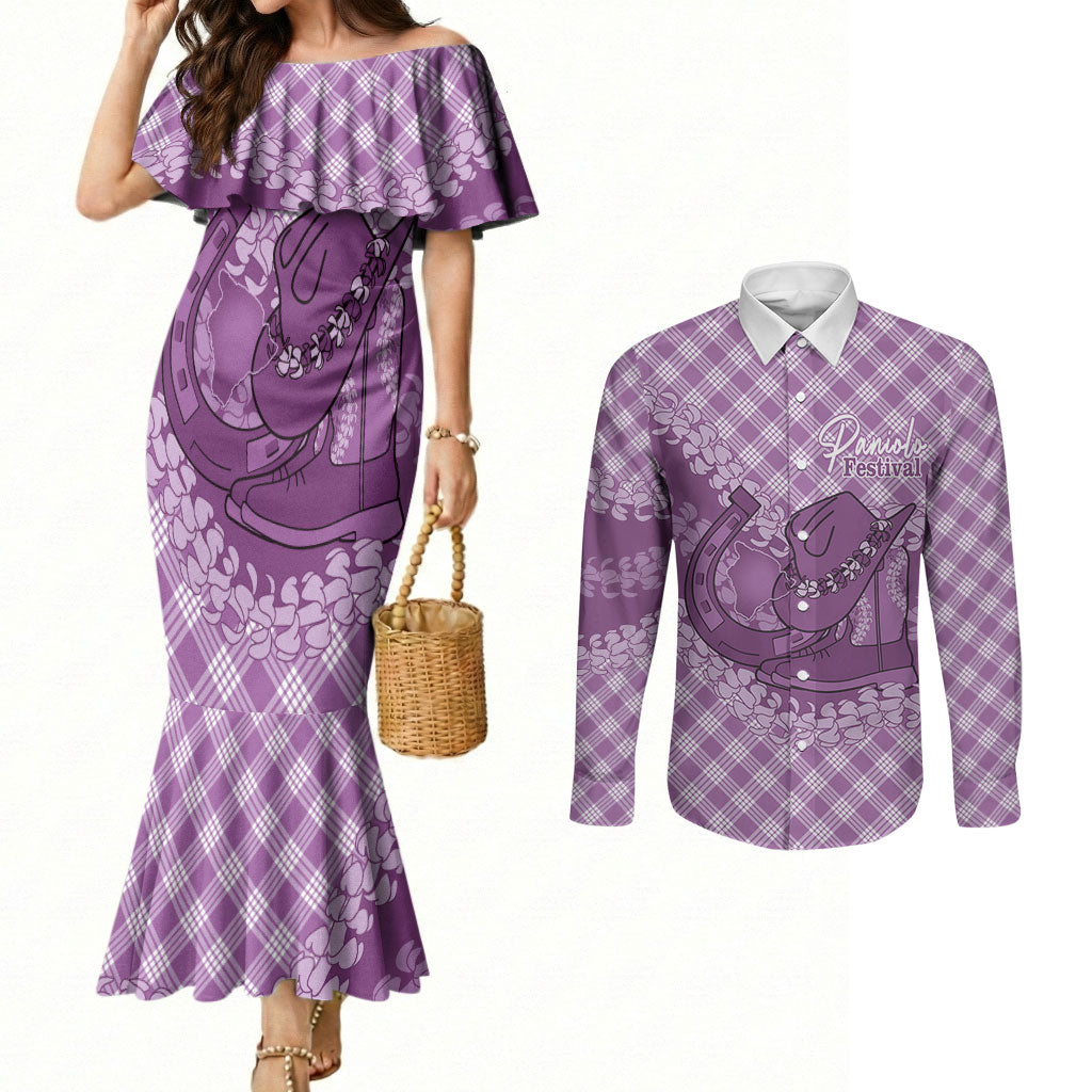 Poni Hawaii Cowboy Palaka Motifs Personalised Couples Matching Mermaid Dress and Long Sleeve Button Shirt Paniolo Festival Puakenikeni Lei LT14 Purple - Polynesian Pride