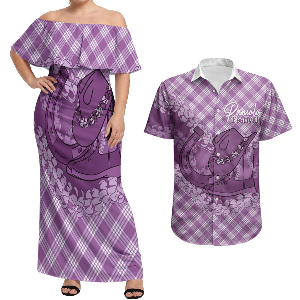 Poni Hawaii Cowboy Palaka Motifs Personalised Couples Matching Off Shoulder Maxi Dress and Hawaiian Shirt Paniolo Festival Puakenikeni Lei LT14 Purple - Polynesian Pride
