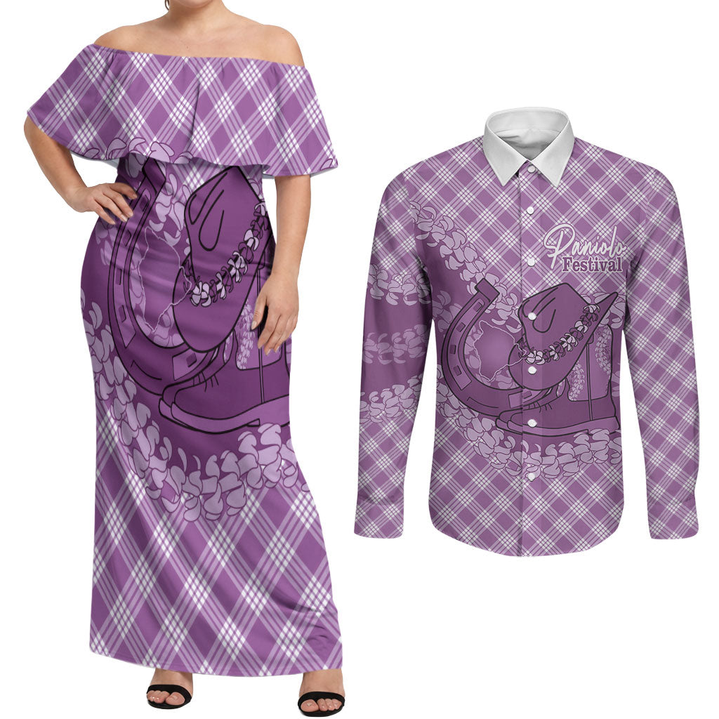 Poni Hawaii Cowboy Palaka Motifs Personalised Couples Matching Off Shoulder Maxi Dress and Long Sleeve Button Shirt Paniolo Festival Puakenikeni Lei LT14 Purple - Polynesian Pride