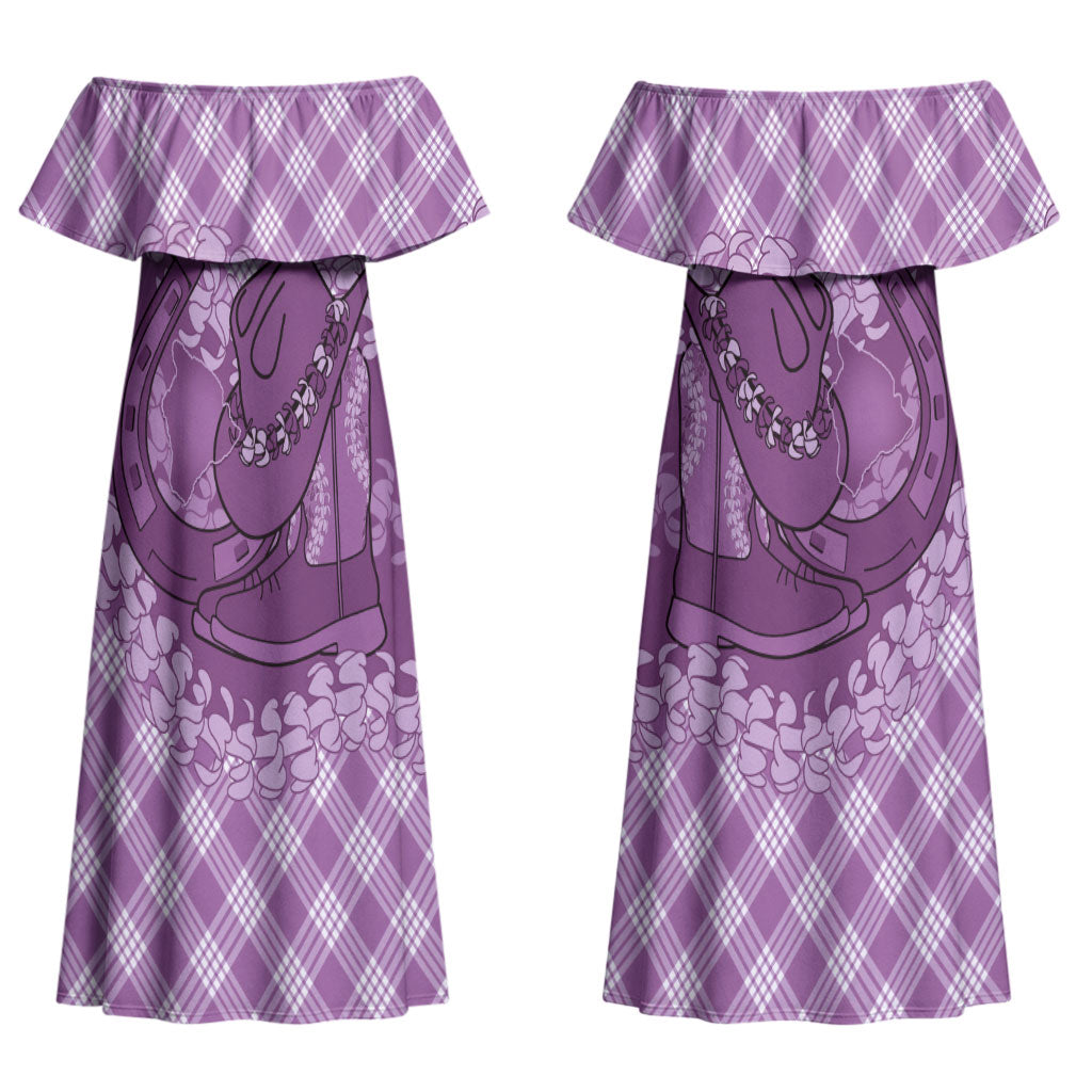 Poni Hawaii Cowboy Palaka Motifs Personalised Couples Matching Off Shoulder Maxi Dress and Long Sleeve Button Shirt Paniolo Festival Puakenikeni Lei LT14 - Polynesian Pride