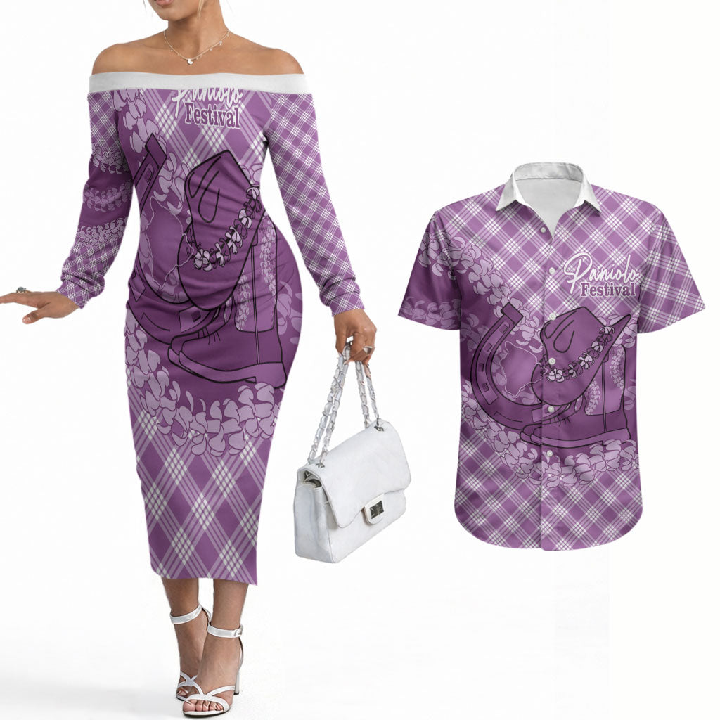 Poni Hawaii Cowboy Palaka Motifs Personalised Couples Matching Off The Shoulder Long Sleeve Dress and Hawaiian Shirt Paniolo Festival Puakenikeni Lei LT14 Purple - Polynesian Pride