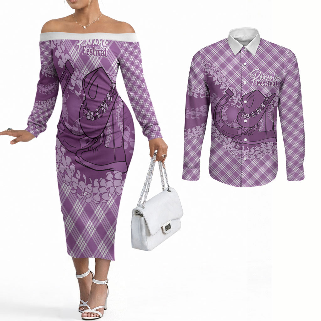 Poni Hawaii Cowboy Palaka Motifs Personalised Couples Matching Off The Shoulder Long Sleeve Dress and Long Sleeve Button Shirt Paniolo Festival Puakenikeni Lei LT14 Purple - Polynesian Pride