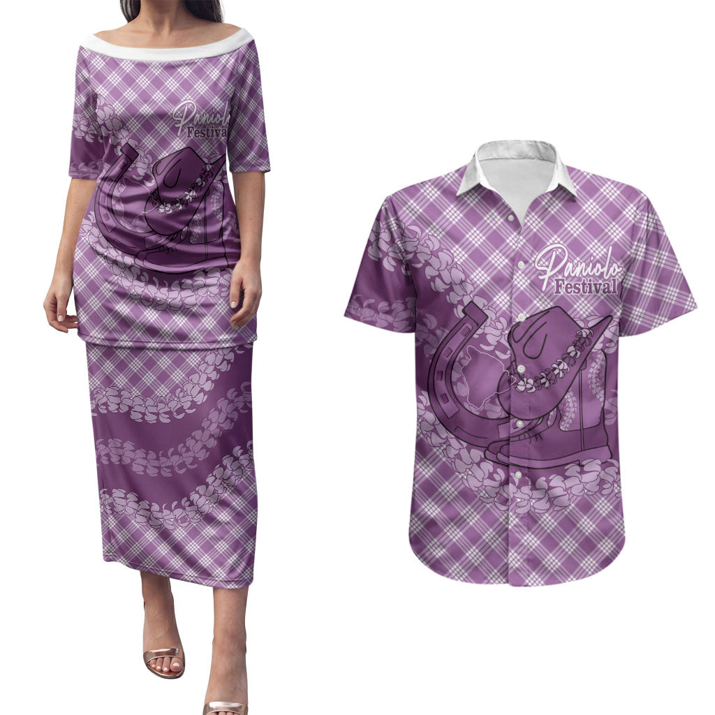 Poni Hawaii Cowboy Palaka Motifs Personalised Couples Matching Puletasi and Hawaiian Shirt Paniolo Festival Puakenikeni Lei LT14 Purple - Polynesian Pride