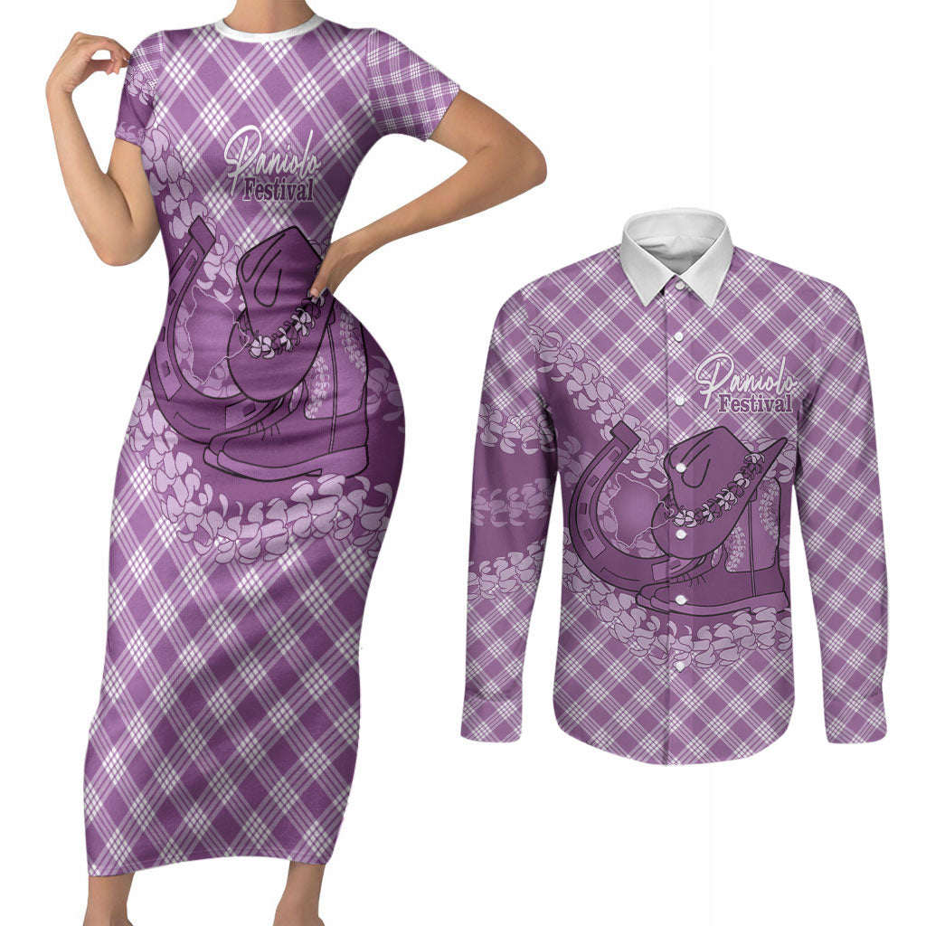 Poni Hawaii Cowboy Palaka Motifs Personalised Couples Matching Short Sleeve Bodycon Dress and Long Sleeve Button Shirt Paniolo Festival Puakenikeni Lei LT14 Purple - Polynesian Pride