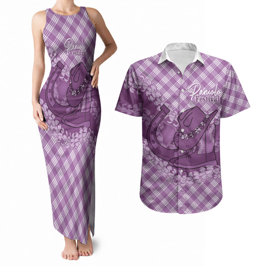 Poni Hawaii Cowboy Palaka Motifs Personalised Couples Matching Tank Maxi Dress and Hawaiian Shirt Paniolo Festival Puakenikeni Lei LT14 Purple - Polynesian Pride