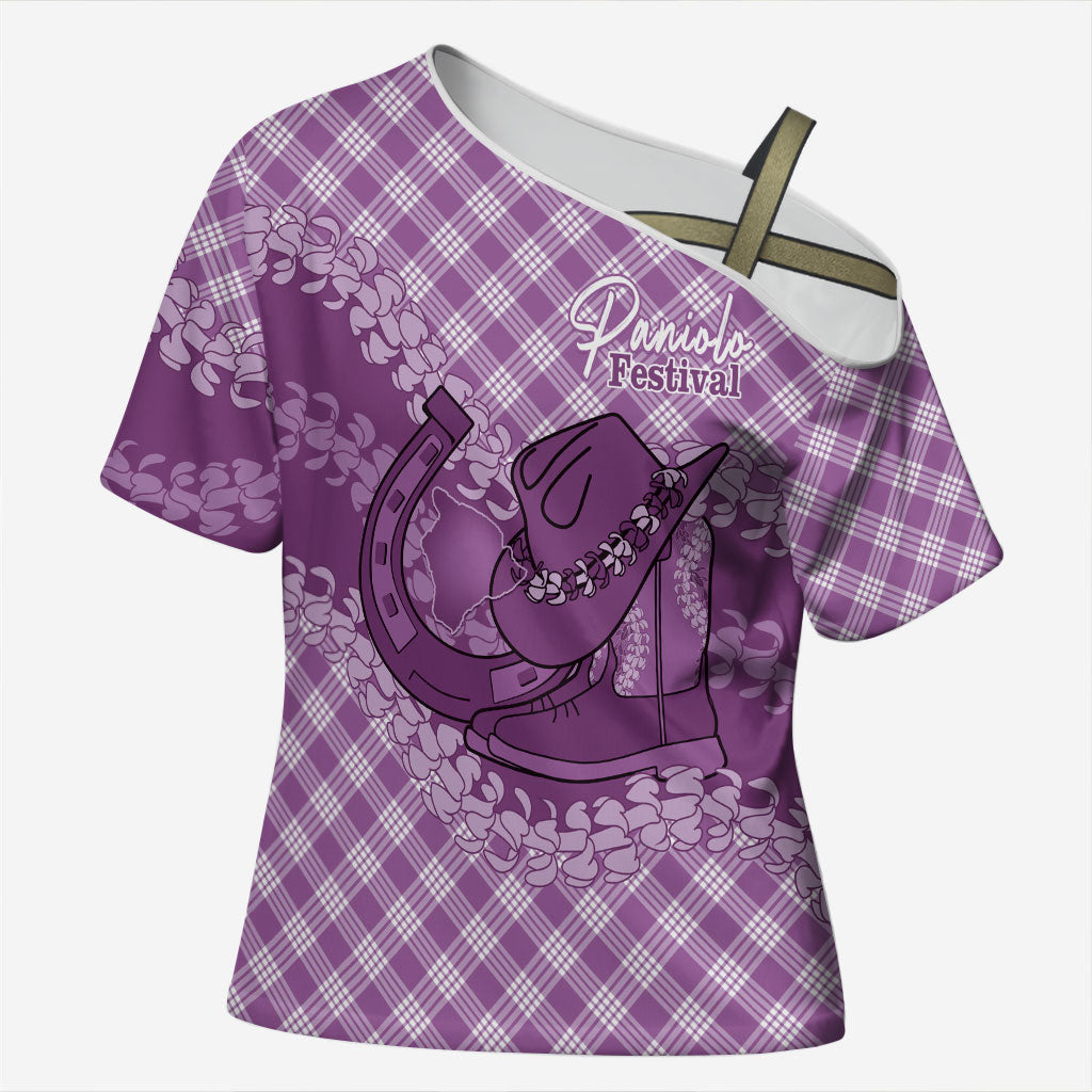 Poni Hawaii Cowboy Palaka Motifs Personalised Cross Shoulder Shirt Paniolo Festival Puakenikeni Lei LT14 Female Purple - Polynesian Pride