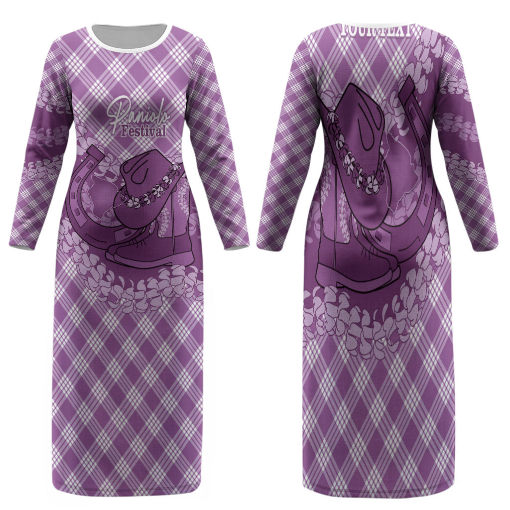 Poni Hawaii Cowboy Palaka Motifs Personalised Family Matching Long Sleeve Bodycon Dress and Hawaiian Shirt Paniolo Festival Puakenikeni Lei LT14 Mom's Dress Purple - Polynesian Pride