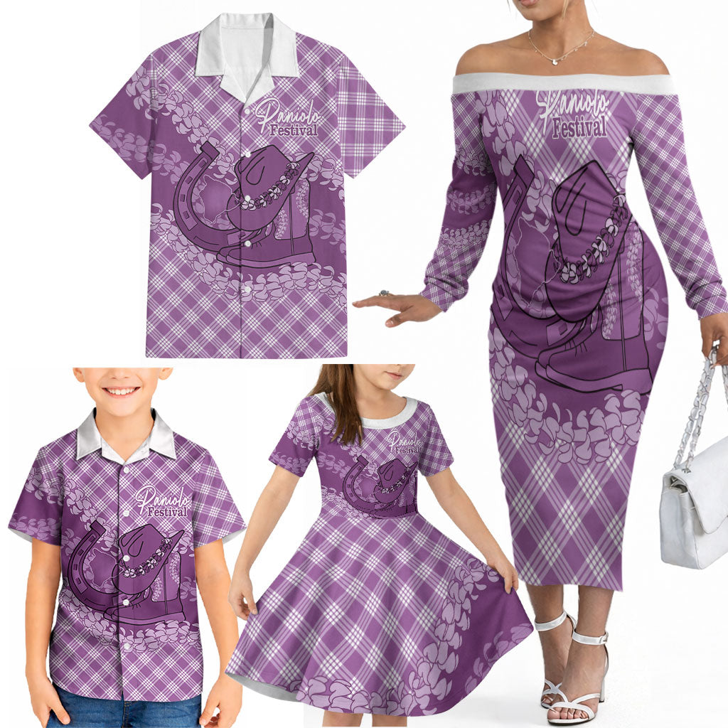 Poni Hawaii Cowboy Palaka Motifs Personalised Family Matching Off The Shoulder Long Sleeve Dress and Hawaiian Shirt Paniolo Festival Puakenikeni Lei LT14 - Polynesian Pride