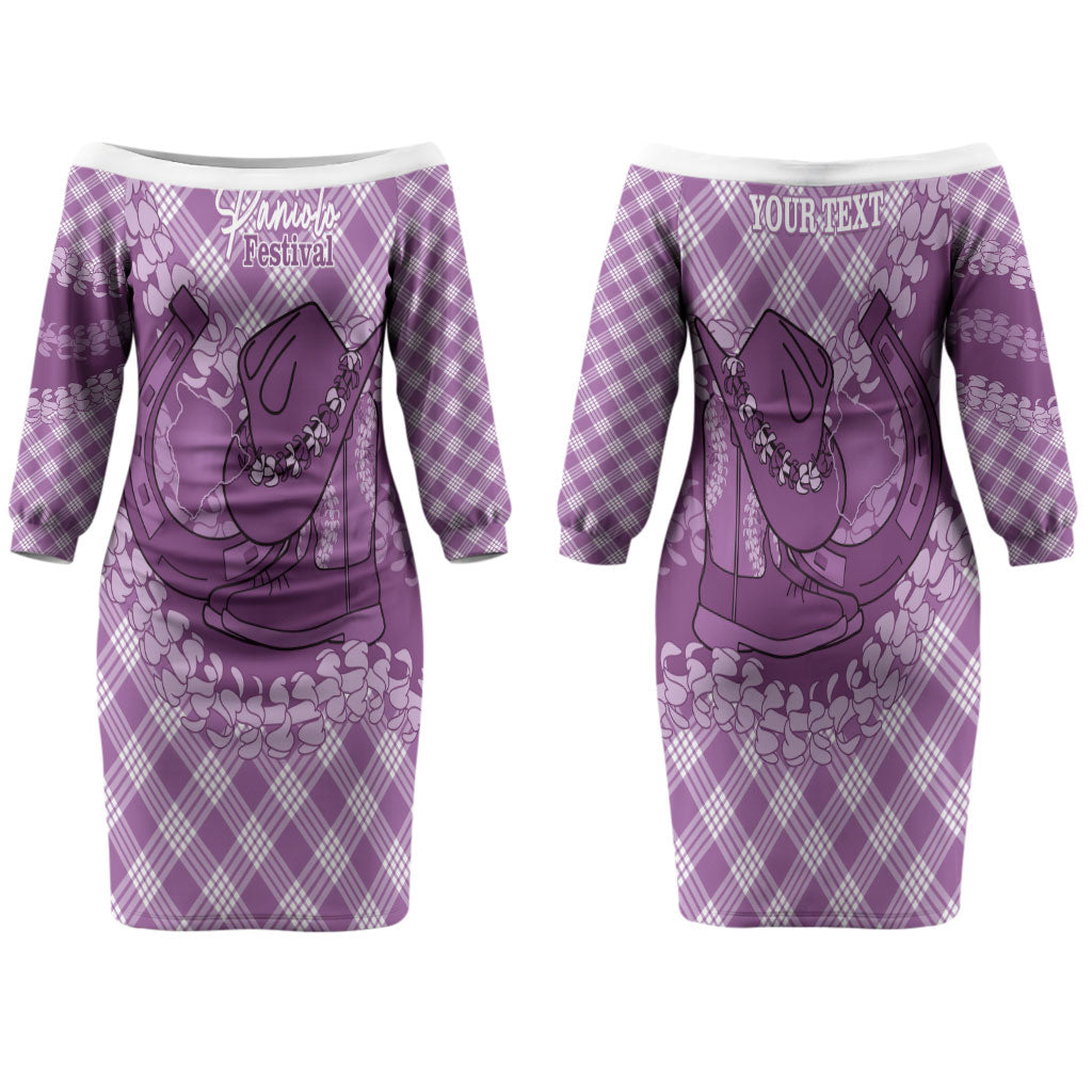 Poni Hawaii Cowboy Palaka Motifs Personalised Family Matching Off The Shoulder Long Sleeve Dress and Hawaiian Shirt Paniolo Festival Puakenikeni Lei LT14 Mom's Dress Purple - Polynesian Pride