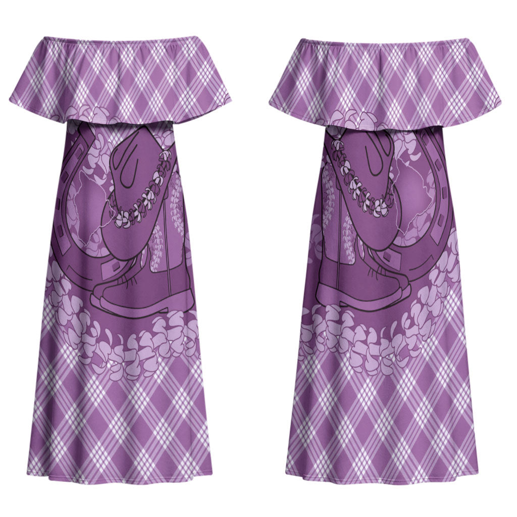 Poni Hawaii Cowboy Palaka Motifs Personalised Family Matching Off Shoulder Maxi Dress and Hawaiian Shirt Paniolo Festival Puakenikeni Lei LT14 Mom's Dress Purple - Polynesian Pride