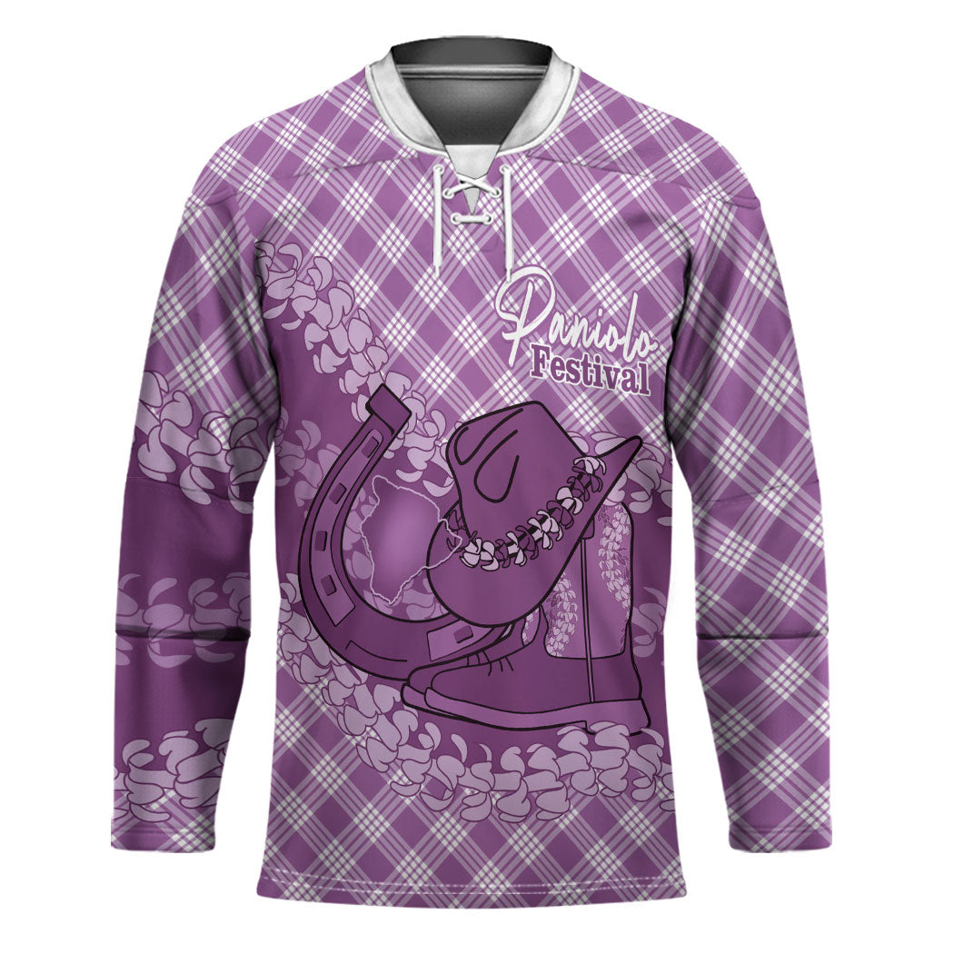 Poni Hawaii Cowboy Palaka Motifs Personalised Hockey Jersey Paniolo Festival Puakenikeni Lei LT14 Unisex Purple - Polynesian Pride
