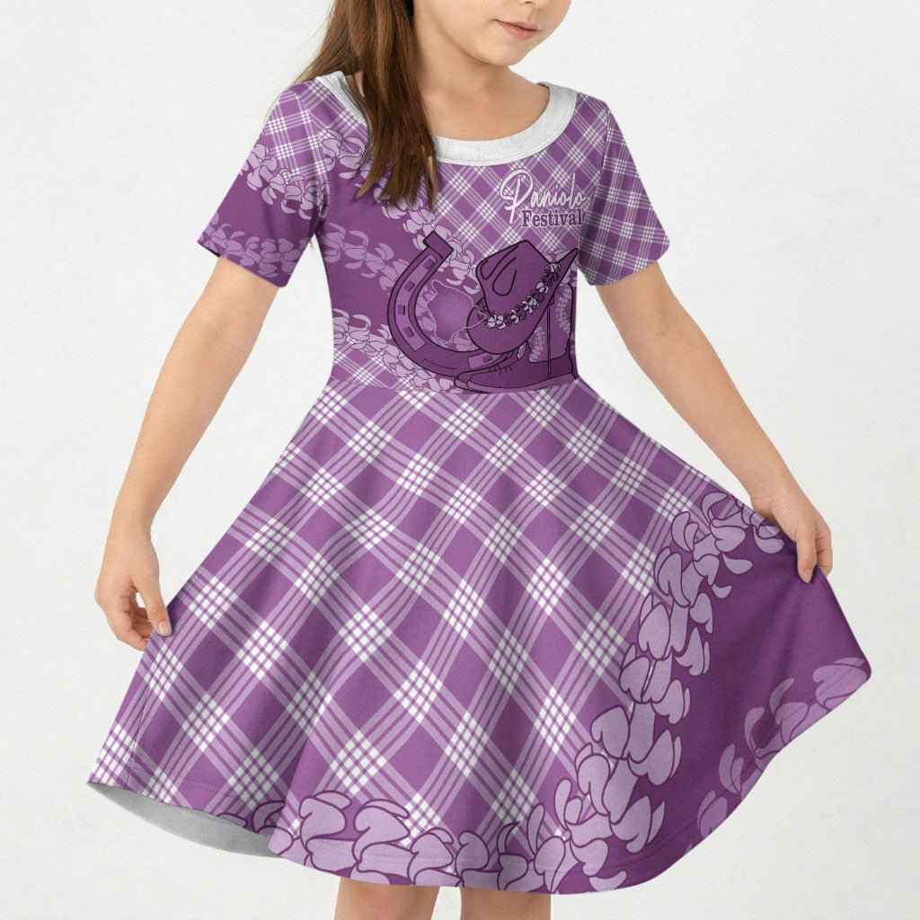 Poni Hawaii Cowboy Palaka Motifs Personalised Kid Short Sleeve Dress Paniolo Festival Puakenikeni Lei LT14 KID Purple - Polynesian Pride