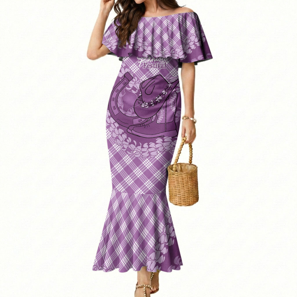 Poni Hawaii Cowboy Palaka Motifs Personalised Mermaid Dress Paniolo Festival Puakenikeni Lei LT14 Women Purple - Polynesian Pride