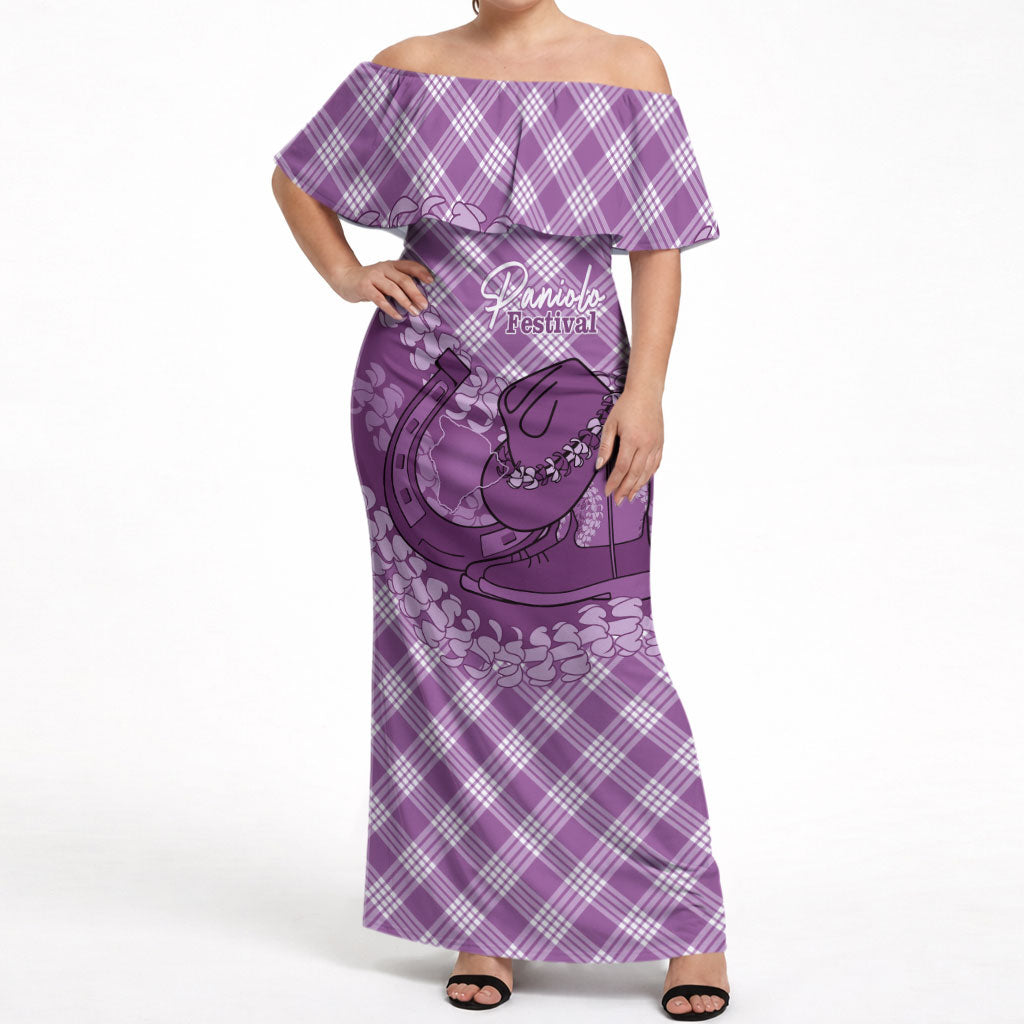 Poni Hawaii Cowboy Palaka Motifs Personalised Off Shoulder Maxi Dress Paniolo Festival Puakenikeni Lei LT14 Women Purple - Polynesian Pride