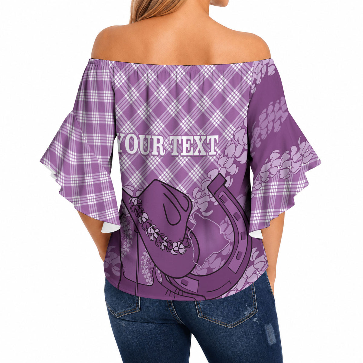 Poni Hawaii Cowboy Palaka Motifs Personalised Off Shoulder Wrap Waist Top Paniolo Festival Puakenikeni Lei LT14 - Polynesian Pride