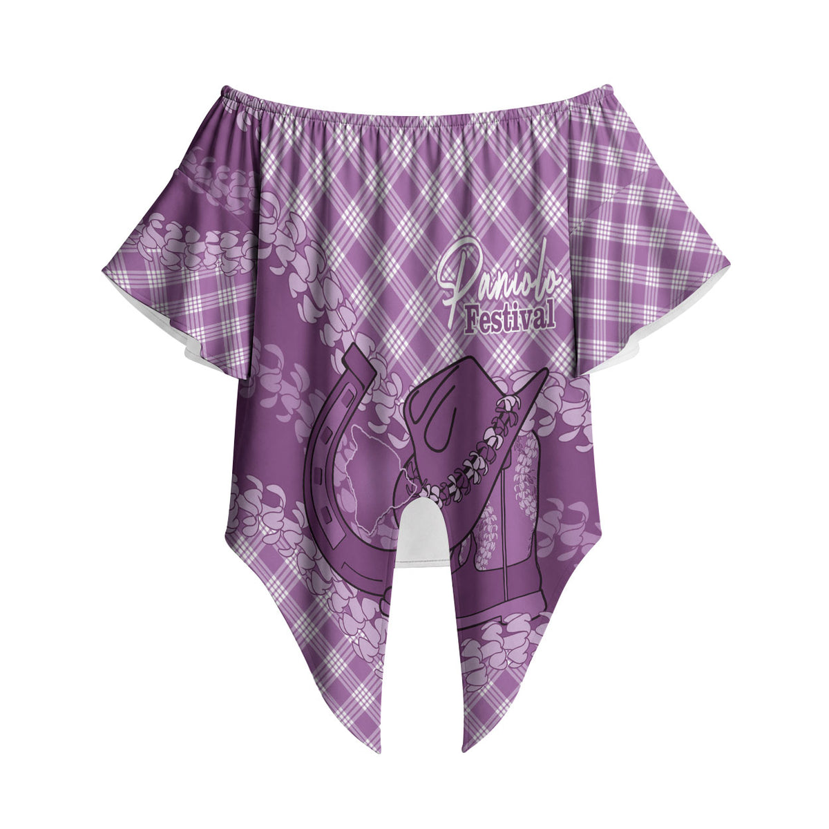 Poni Hawaii Cowboy Palaka Motifs Personalised Off Shoulder Wrap Waist Top Paniolo Festival Puakenikeni Lei LT14 - Polynesian Pride