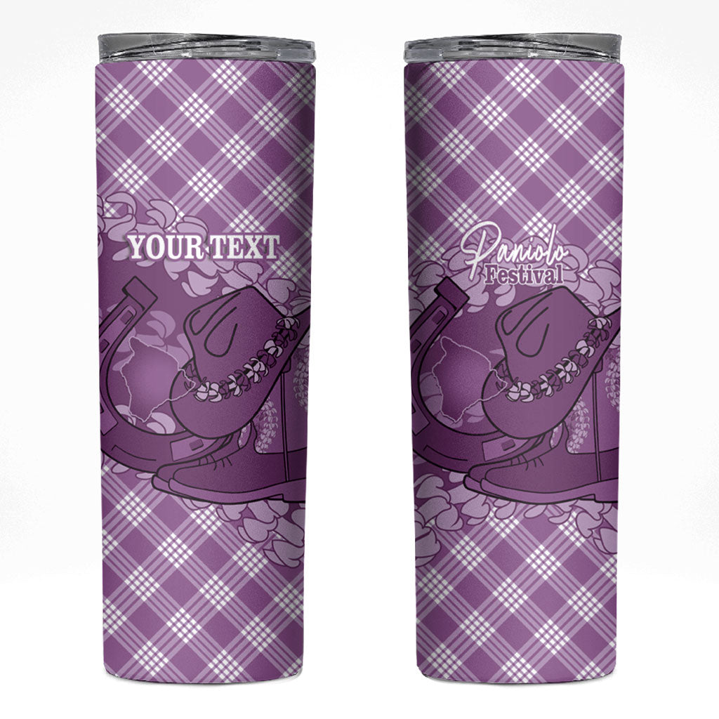 Poni Hawaii Cowboy Palaka Motifs Personalised Skinny Tumbler Paniolo Festival Puakenikeni Lei LT14 Purple - Polynesian Pride