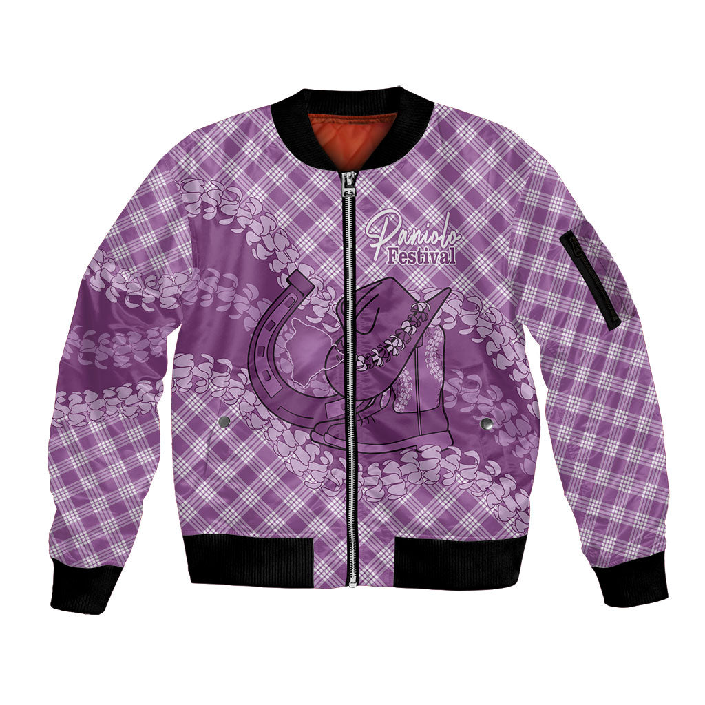 Poni Hawaii Cowboy Palaka Motifs Personalised Sleeve Zip Bomber Jacket Paniolo Festival Puakenikeni Lei LT14 Unisex Purple - Polynesian Pride