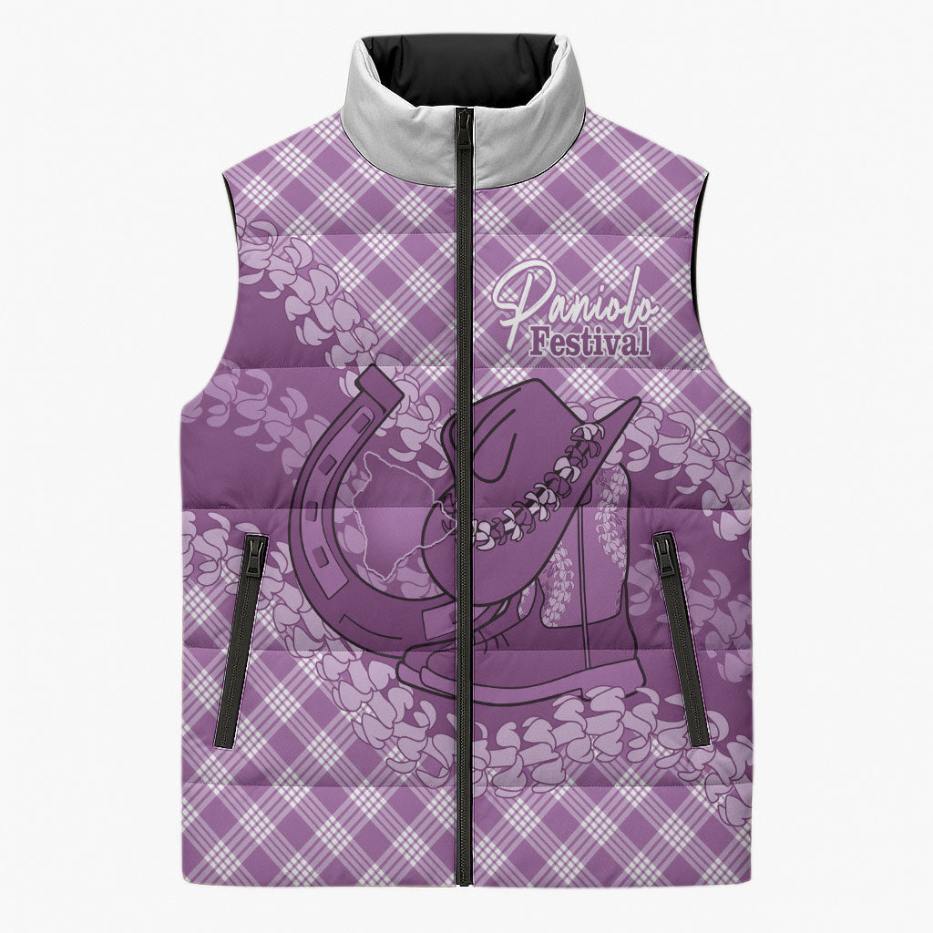 Poni Hawaii Cowboy Palaka Motifs Personalised Sleeveless Puffer Jacket Paniolo Festival Puakenikeni Lei LT14 Unisex Purple - Polynesian Pride