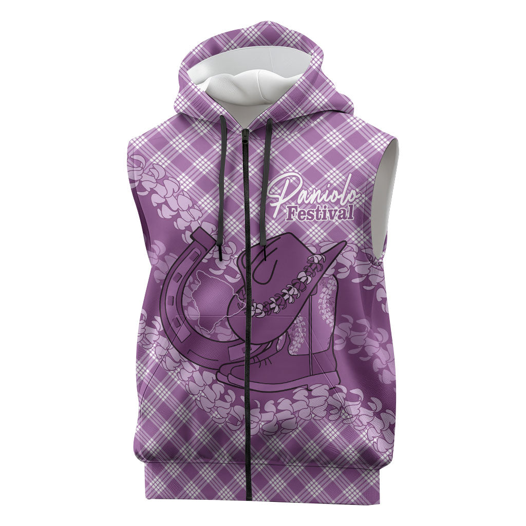 Poni Hawaii Cowboy Palaka Motifs Personalised Sleeveless Zip Hoodie Paniolo Festival Puakenikeni Lei LT14 Purple - Polynesian Pride