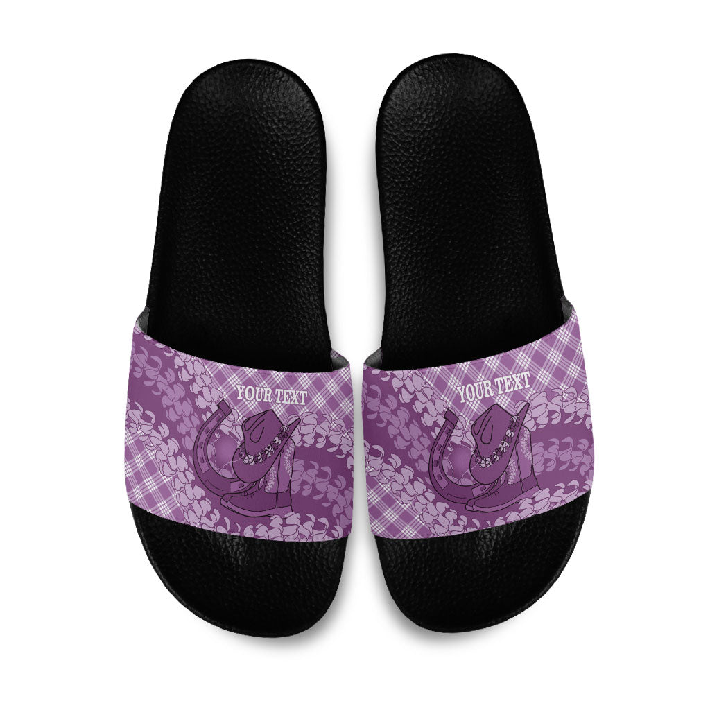 Poni Hawaii Cowboy Palaka Motifs Personalised Slide Sandals Paniolo Festival Puakenikeni Lei LT14 Purple - Polynesian Pride