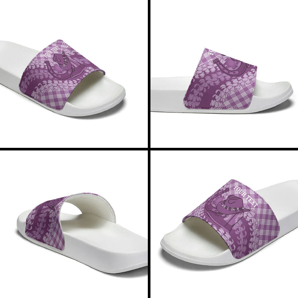 Poni Hawaii Cowboy Palaka Motifs Personalised Slide Sandals Paniolo Festival Puakenikeni Lei LT14 - Polynesian Pride