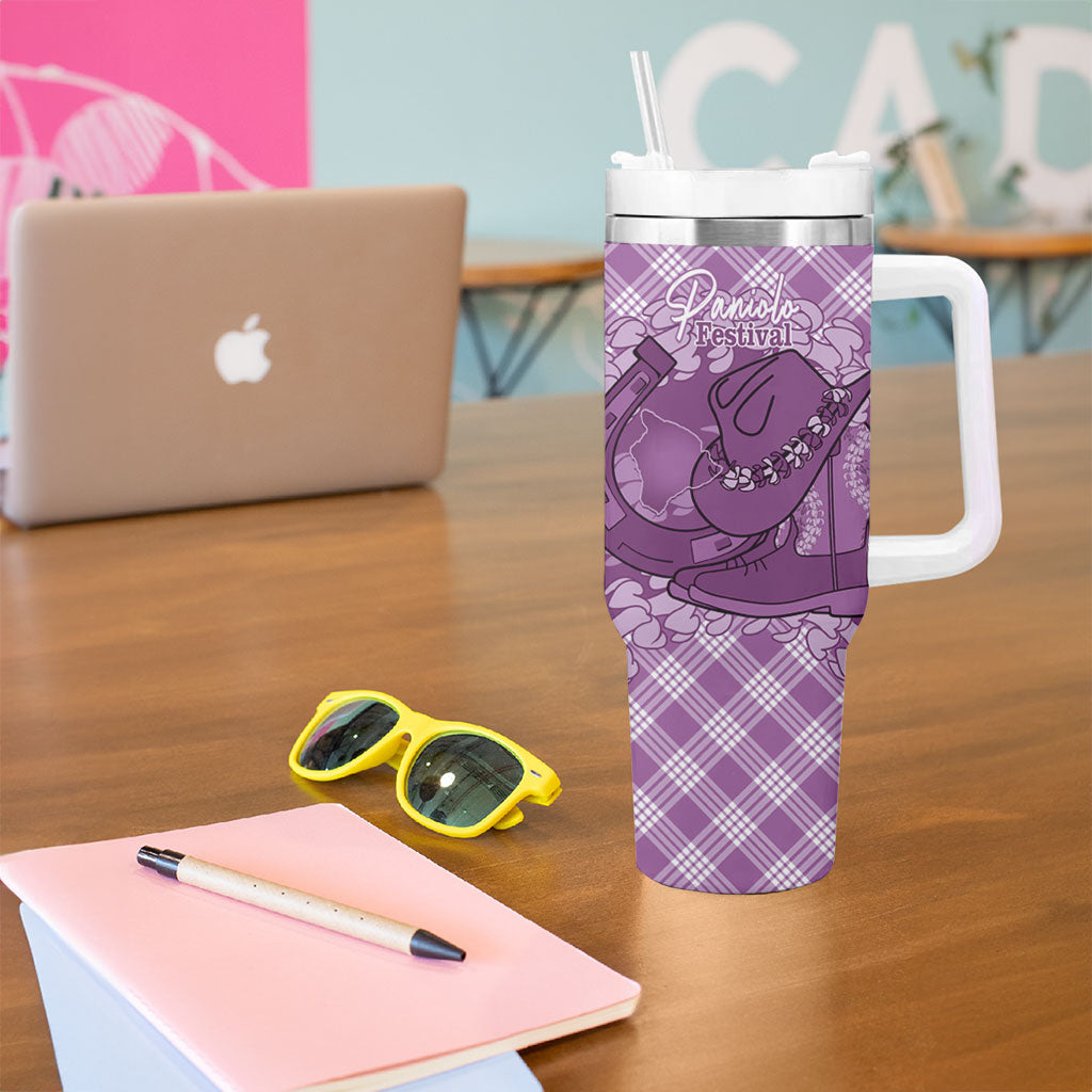 Poni Hawaii Cowboy Palaka Motifs Personalised Tumbler With Handle Paniolo Festival Puakenikeni Lei LT14 - Polynesian Pride