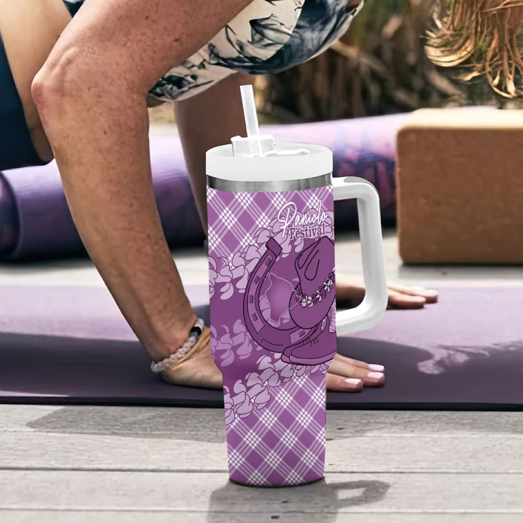 Poni Hawaii Cowboy Palaka Motifs Personalised Tumbler With Handle Paniolo Festival Puakenikeni Lei LT14 - Polynesian Pride
