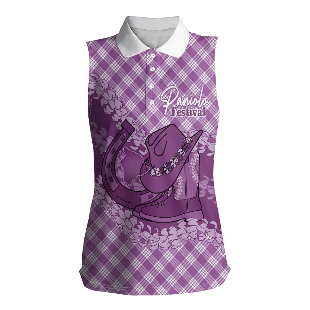Poni Hawaii Cowboy Palaka Motifs Personalised Women Sleeveless Polo Shirt Paniolo Festival Puakenikeni Lei LT14 Female Purple - Polynesian Pride