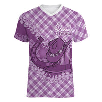 Poni Hawaii Cowboy Palaka Motifs Personalised Women V-Neck T-Shirt Paniolo Festival Puakenikeni Lei LT14 Female Purple - Polynesian Pride