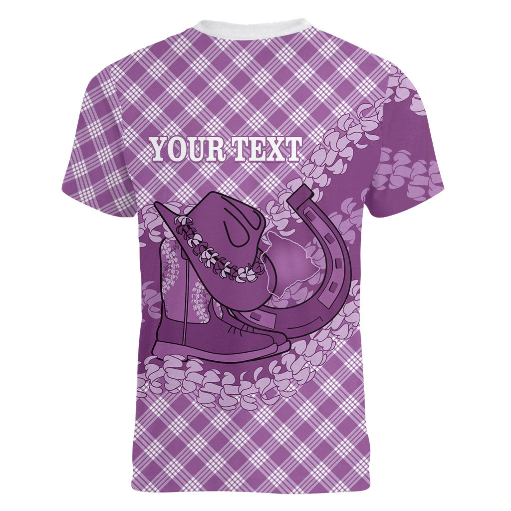 Poni Hawaii Cowboy Palaka Motifs Personalised Women V-Neck T-Shirt Paniolo Festival Puakenikeni Lei LT14 - Polynesian Pride