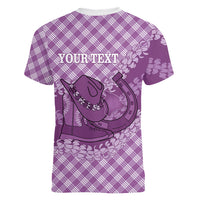 Poni Hawaii Cowboy Palaka Motifs Personalised Women V-Neck T-Shirt Paniolo Festival Puakenikeni Lei LT14 - Polynesian Pride