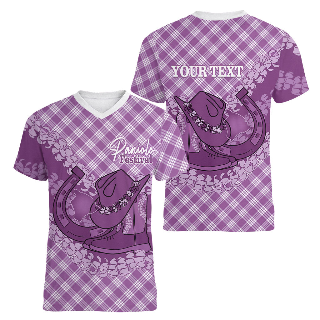 Poni Hawaii Cowboy Palaka Motifs Personalised Women V-Neck T-Shirt Paniolo Festival Puakenikeni Lei LT14 - Polynesian Pride