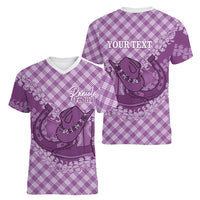 Poni Hawaii Cowboy Palaka Motifs Personalised Women V-Neck T-Shirt Paniolo Festival Puakenikeni Lei LT14 - Polynesian Pride