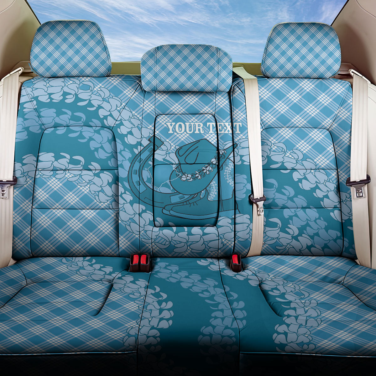 Polu Hawaii Cowboy Palaka Motifs Personalised Back Car Seat Cover Paniolo Festival Puakenikeni Lei LT14 One Size Blue - Polynesian Pride