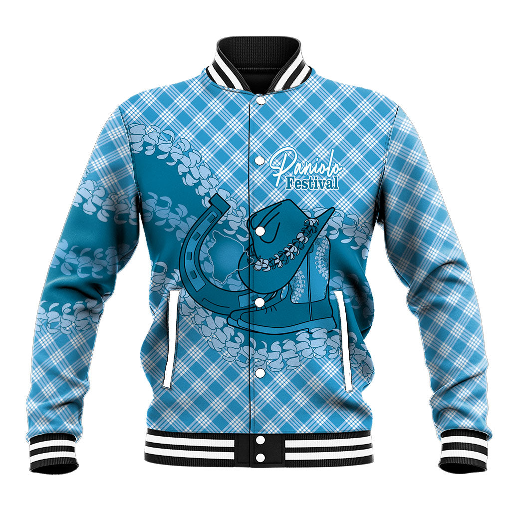 Polu Hawaii Cowboy Palaka Motifs Personalised Baseball Jacket Paniolo Festival Puakenikeni Lei LT14 Unisex Blue - Polynesian Pride