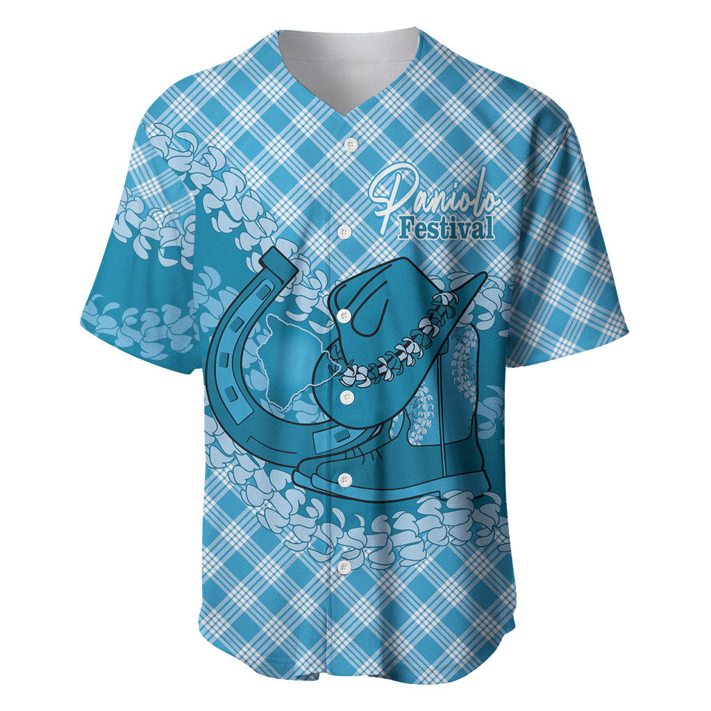 Polu Hawaii Cowboy Palaka Motifs Personalised Baseball Jersey Paniolo Festival Puakenikeni Lei LT14 Blue - Polynesian Pride